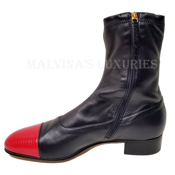 GUCCI MENS BOOTS DARK BLUE LEATHER RED LIZARD TOE ANKLE BOOTIES sz 11 11.5 - Picture 8 of 16